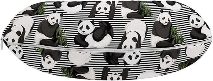 Ambesonne Tropical Travel Pillow Neck Rest, Funny Panda Bears and Exotic Leaves on Minimalist Stripes Modern, Memory Foam Traveling Accessory for Airplane and Car, 12", Dark Blue Grey and White