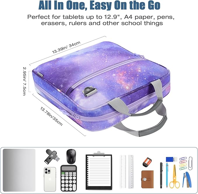 MoKo Zipper Binder, 2 inch 3 Ring Binder with 500 Sheet Capacity Multi-Pocket School Bag with Padded Shoulder Strap Handle, School Supplies Organizer for Middle Student, Star Purple
