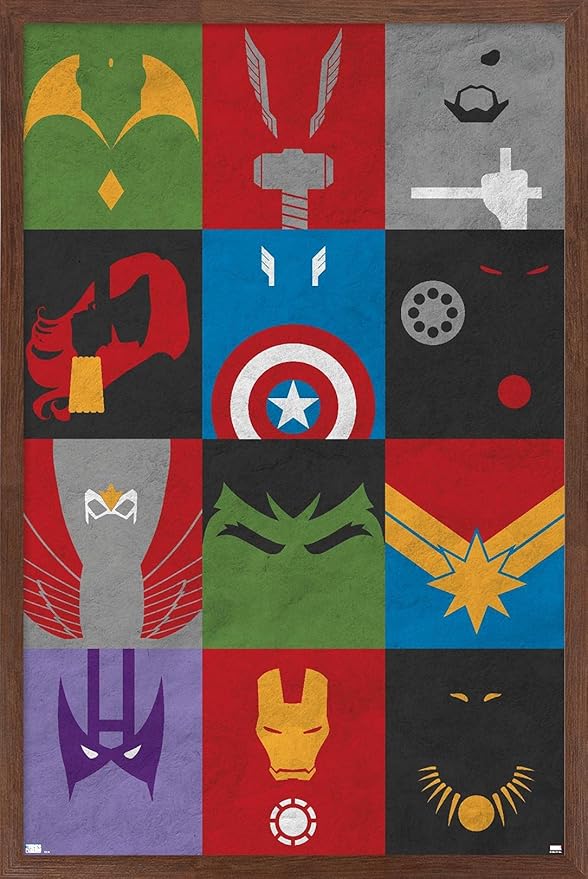 Trends International Marvel Comics - Avengers - Minimalist Grid Wall Poster, 14.725" x 22.375", Mahogany Framed Version