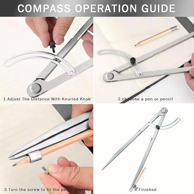 Compass Geometry Tool Set – 12 Inch Drafting Compass with Wing, 6 Inch Protractor, 12 Inch Metal Ruler & Pencils – Precision Drawing Compass for Geometry, Woodworking, Carpenters, Students