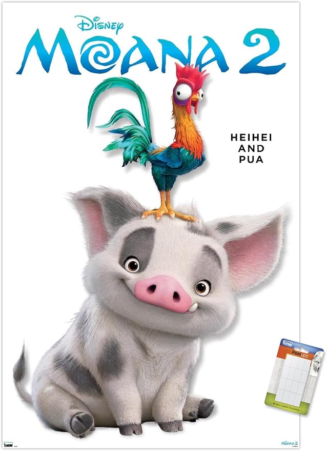 Disney Moana 2 - Heihei and Pua Feature Series Wall Poster, 34L" x 22.4W", Premium Poster & Mount Bundle