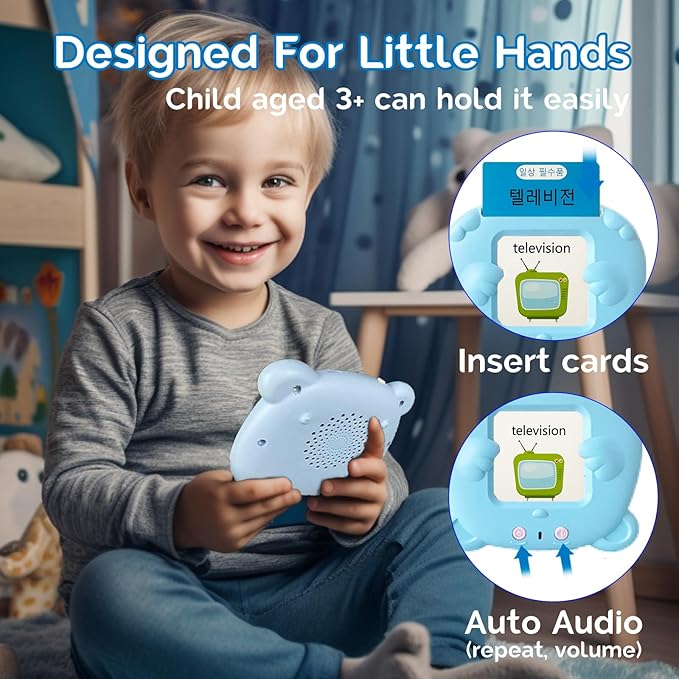 English Flash Cards Bilingual - Korean Talking Flash Cards for Kids, Pocket Speech for Toddlers 3-12, 510 Sight Words of 31 Varieties, Sensory Toys Children with Autism (Korean, Blue)