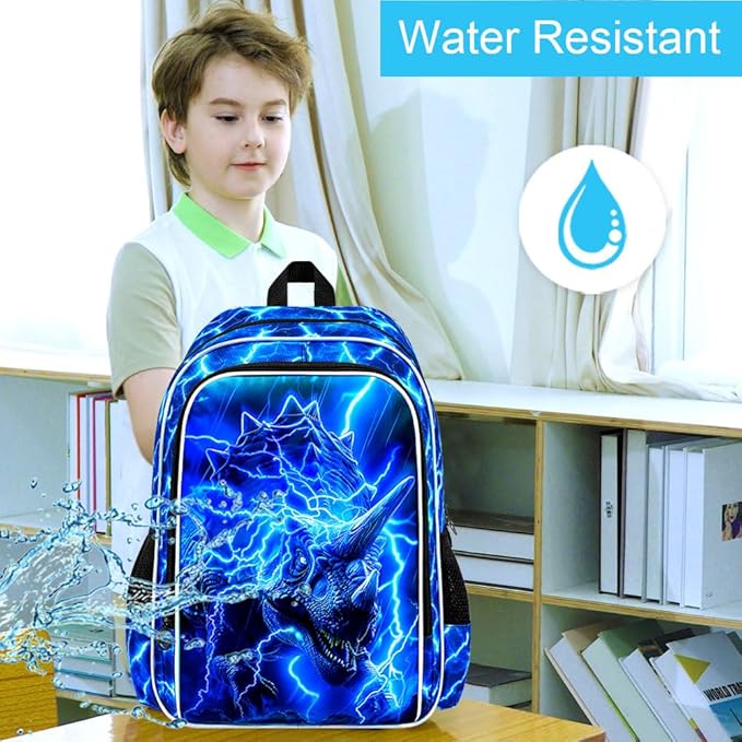 KLFVB 3PCS Boys Lightning Bookbag Set, 17" Dinosaur Backpack and Lunch Box, Water Resistant Teenagers School Backpacks for Middle Elementary - Lightning Triceratops