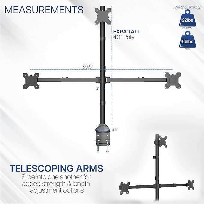 VIVO Premium Triple Ultra Wide LCD LED 27 to 38 inch Monitor Desk Mount, Heavy Duty C-clamp, Extra Tall Pole, Adjustable Telescoping Arms, Flush Wall Setup, Fits 3 Screens, Black, STAND-TS3CT