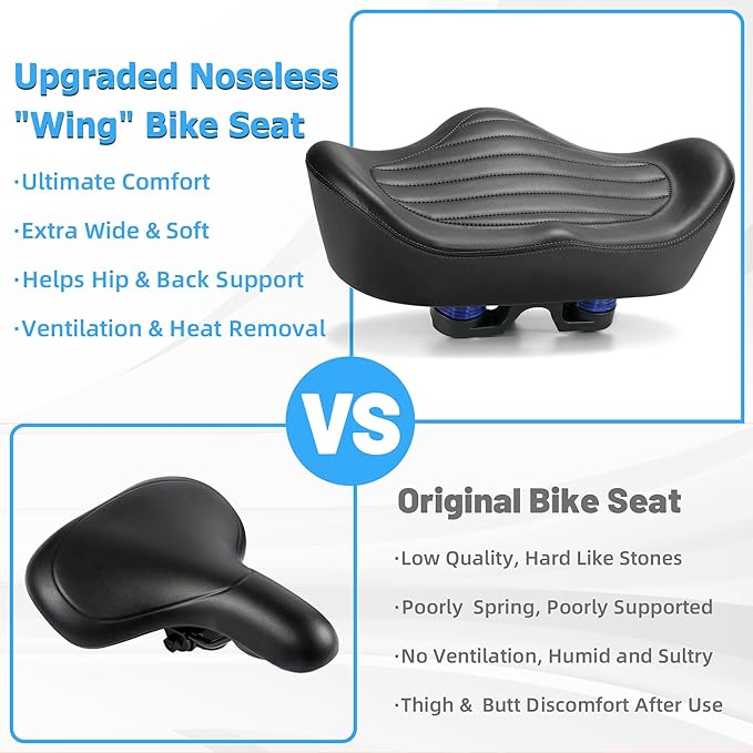 Noseless Oversized Bike Seat for Men Women Comfort, Extra Wide Padded Bicycle Seat Cushion, Large Comfortable Bike Saddle for Peloton, Stationary Exercise Bike, Beach Cruiser, City Bike, Ebike