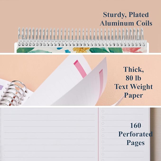 Erin Condren 8.5" X 11" Spiral Bound Productivity Notebook, Watercolor Blooms, Functional 160 Lined Page and 80Lb Thick Paper Spiral Notebook, Stickers Included