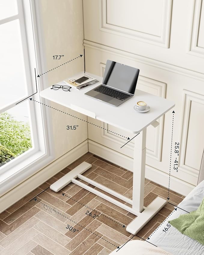 FLEXISPOT H7 PRO Mobile Standing Desk Adjustable Overbed Table Pneumatic with Wheels 90°Tiltable Portable Laptop Desk Rolling Computer Cart Foldable Bedside Table(31.5" W x 17.7" D, White)