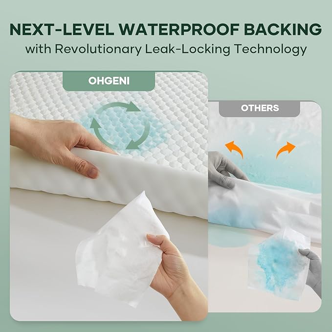 OhGeni 100% Waterproof Mattress Protector,Full Size Mattress Soft Pad,Pet Hair & Bedwetting Resistant,Cooling Breathable Fitted Sheets,Washable Bed Cover,Non-Slip Deep Pocket,Noiseless for Guest Rooms