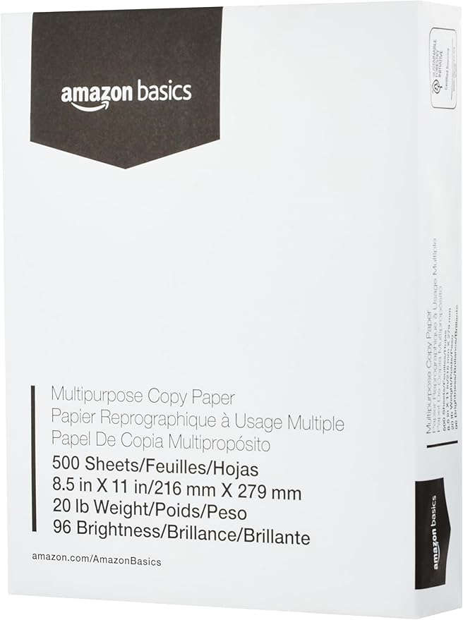 Amazon Basics Multipurpose Copy Printer Paper, 8.5 x 11 Inches, 20 lb Weight, 96 Bright, White, 10 Ream (5,000 Sheets)