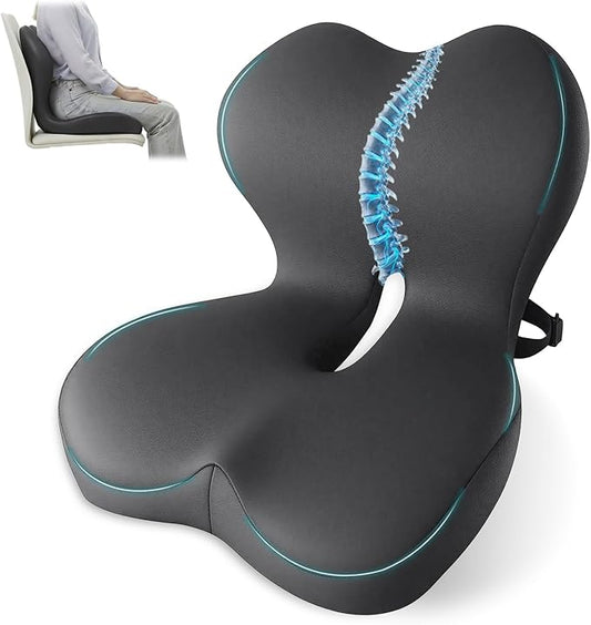 Memory Foam Seat Cushion,Office Chair Cushion with Lumbar Support for Back Pressure Relief,Sciatica,Non Slip Car Seat Cushion with Strap,Pad Orthopedic Cushions for Car,Truck,Desk (D-Dark Grey)