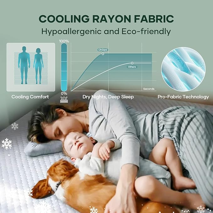 OhGeni 100% Waterproof Mattress Protector,Full Size Mattress Soft Pad,Pet Hair & Bedwetting Resistant,Cooling Breathable Fitted Sheets,Washable Bed Cover,Non-Slip Deep Pocket,Noiseless for Guest Rooms