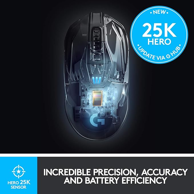 Logitech G903 Lightspeed Wireless Gaming Mouse w/Hero 25K Sensor, 140+ Hour with Rechargeable Battery and LIGHTSYNC RGB. POWERPLAY Compatible, Ambidextrous, 107g+10g Optional, 25,600 DPI - Black