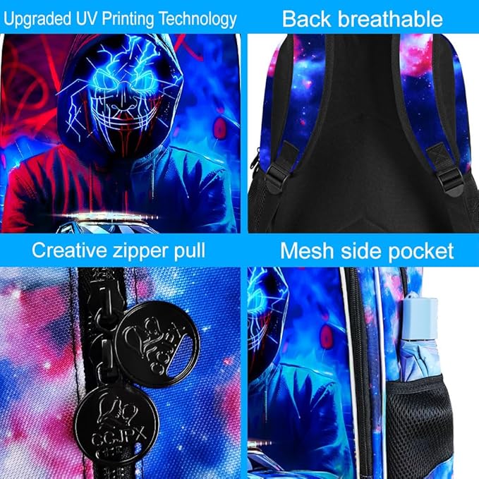 gxtvo 3PCS Boys Truck Backpack, 17" Kids Demon Bookbag with Lunch Box, Water Resistant Middle Elementary School Bag - Devil Man Truck