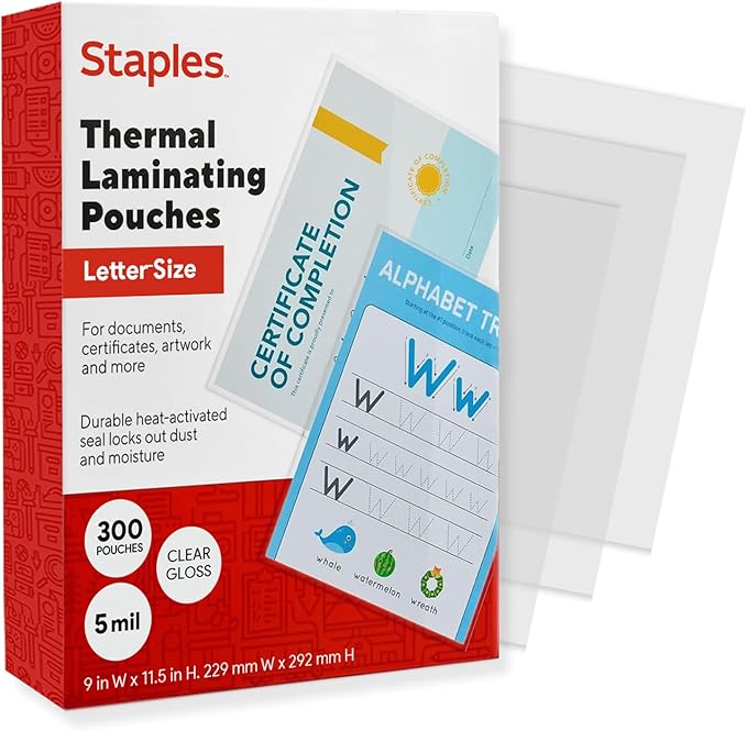 Staples Thermal Laminating Pouches, Letter Size, 9 x 11.5 Inches, 5 Mil, 300/Pack, for Heavy-Duty Document Protection