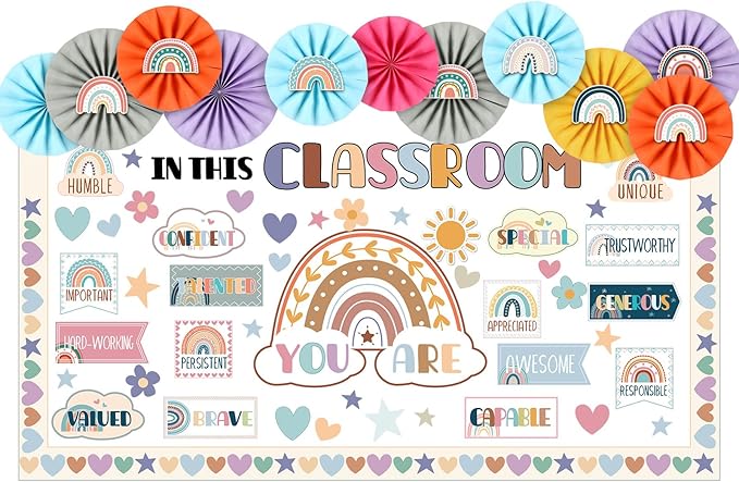 Janlaugh 94 Pcs in This Classroom Bulletin Board Decorations with Paper Fans Boho Classroom Decor Rainbow Motivational Words Cutouts Positive Back to School Bulletin Board Set for Wall Window Office