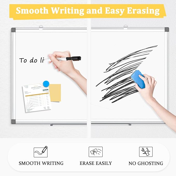 Double-Sided Magnetic Whiteboard, 24" x 18" Dry Erase Board Aluminum Frame for Wall, White Board Marker Board for Kitchen, Memo, School, Home, Office