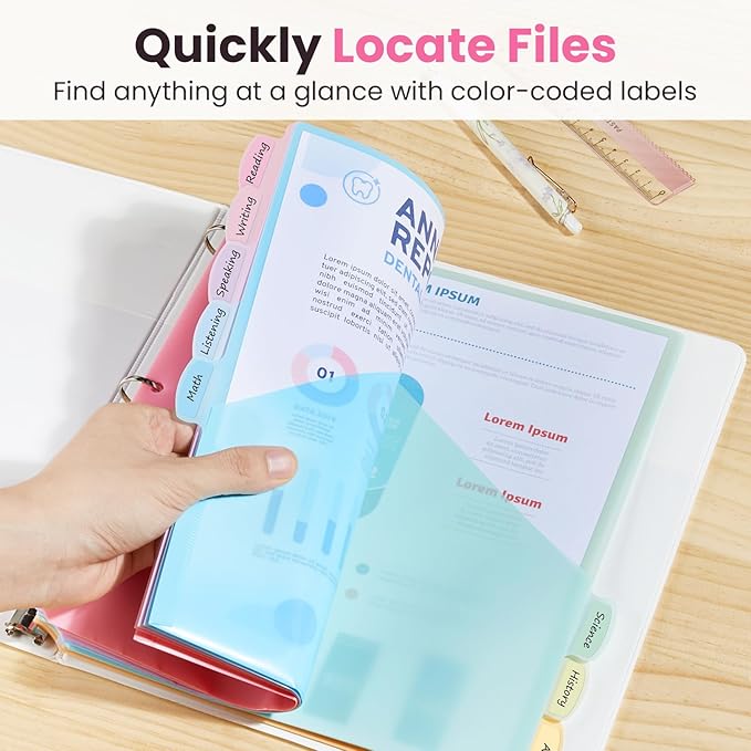 Sooez 8-Tab Binder Dividers with Two Pockets, 8 Tabs Dividers for 3 Ring Binder Organizers, 3-Hole Plastic Sheets Protectors for US Letter Size, School, College, Office Supplies, Pastels, Set of 3