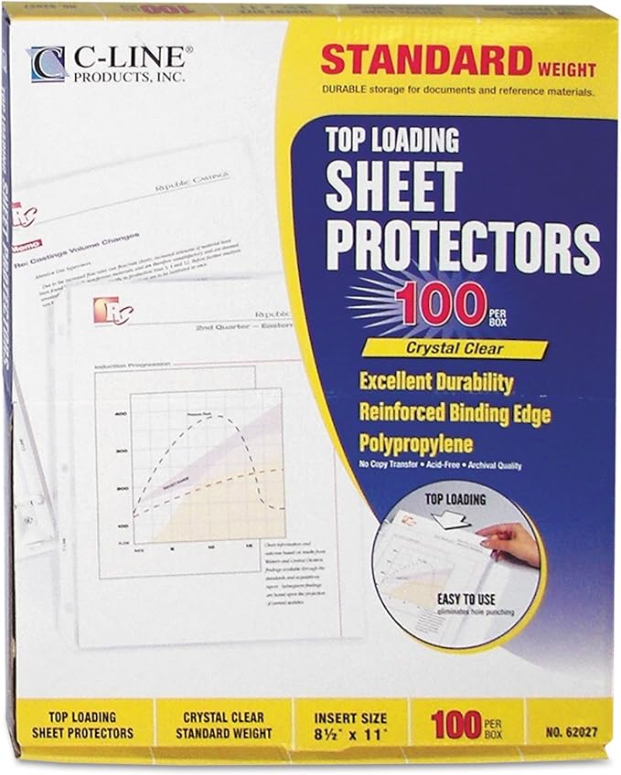 C-Line Top Loading Standard Weight Poly Sheet Protectors, Clear, 8.5 x 11 Inches, 100 per Box (62027)