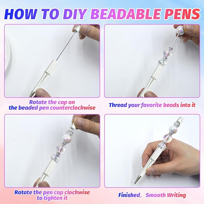 300 Pieces DIY Beadable Pen Kit – 100 Plastic Ballpoint Pens with Refills & Bags – School Supplies, Office Accessories & Decorative Items for Students & Teachers (Silver and Gold)