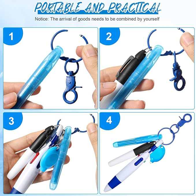 Chinco 30 Pcs Retractable Shuttle Pen Clip with Mini Highlighter Nurse Badge Pen Neon Marker LED Keychain Ring Clip