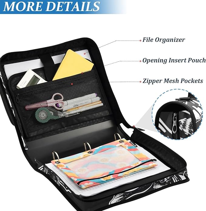 3 Ring Zipper Binder with Shoulder Strap Skull Moon Moth Black Skeleton 1.5 inch Binders Keeper Large Capacity Multi Pockets for School Office Supplies