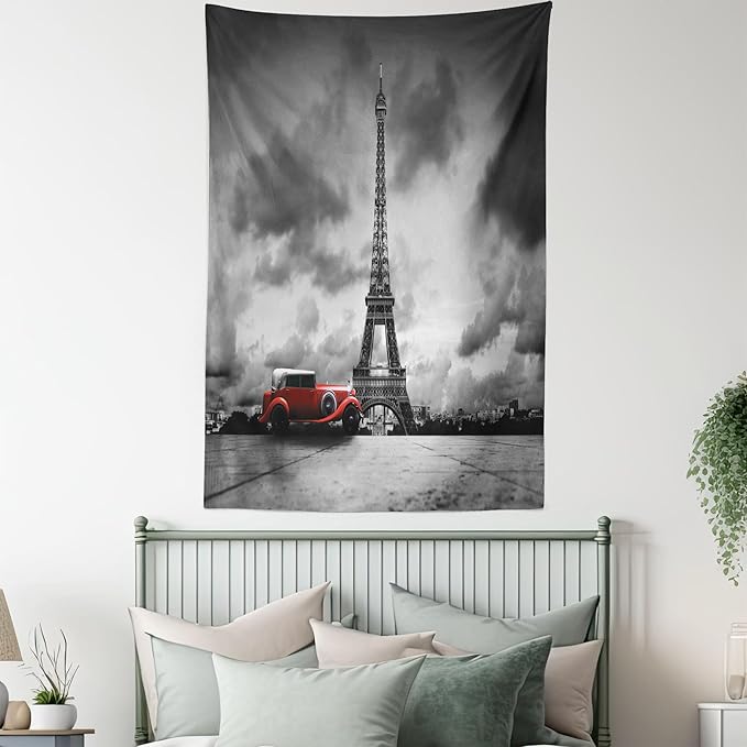 Ambesonne Eiffel Tower Tapestry, Image of Eiffel Tower Paris France Vintage Car Street Dark Clouds, Fabric Wall Hanging Decor for Bedroom Living Room Dorm, 23" X 28", Black Red