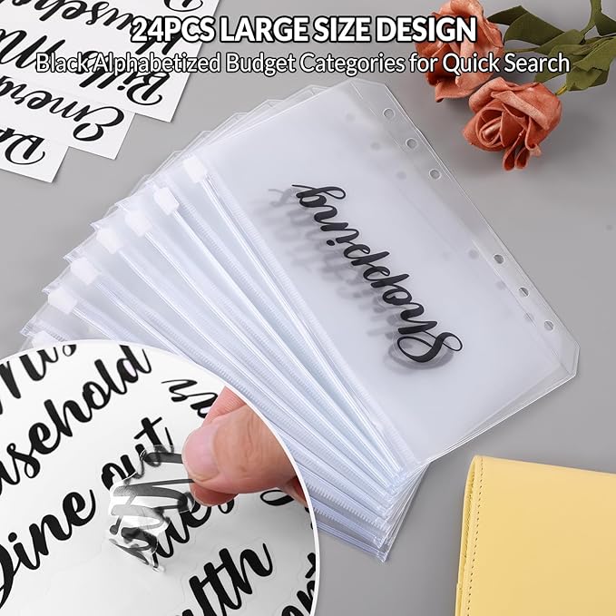 SKYDUE Budget Binder with 8pcs Zipper Envelopes, Money Organizer for Cash with 12pcs Expense Budget Sheets & 24 Blak Sticky Labels, Budget Book with Cash Envelopes, Yellow, A6 (1008HYJ-HZ_A6Yellow)