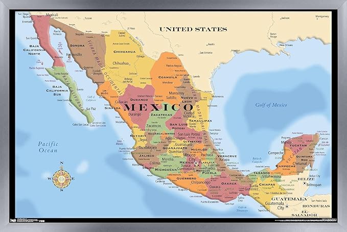 Trends International Map - Mexico Wall Poster, 22.375" x 34", Silver Framed Version