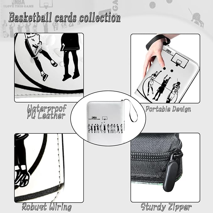 Basketball Card Binder - 400 Capacity 4-Pocket Trading Card Album, 3 Ring Card Holder Binder, Waterproof PU Leather, Zip Closure, Perfect Christmas Birthday Gift for Collectors