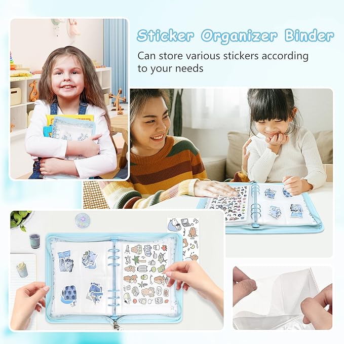 Sticker Storage Organizer Binder A5 Sticker Collecting Book Reusable Zipper Album with Clear Laser Star Cover and Pocket Pages (Blue)