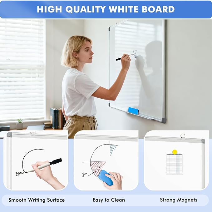 WALGLASS 3 Pack White Board, 36" x 24" Double-Sided Dry Erase White Board for Wall, Hanging Mounted Whiteboard, Horizontal or Vertical Silver Aluminium Frame for Home, School, Office, Kitchen