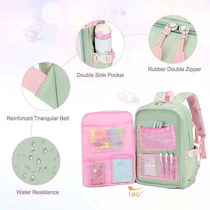 Girls Backpack Set, 3PCS School Backpack for Girls, Kawaii Bunny Kids Backpacks for Girl Kindergarten Elementary School Preschool Travel Daycare Bookbag with Lunch Box Pencil Box Green