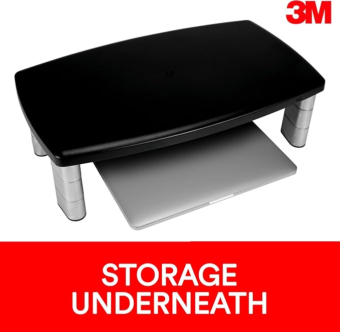 3M Extra Wide Adjustable Monitor Stand, Three Leg Segments Simply Adjust Height from 1" to 5 7/8", Sturdy Platform Holds Up to 40 lbs, 16-inch Space Between Columns for Storage, Silver/Black (MS90B)