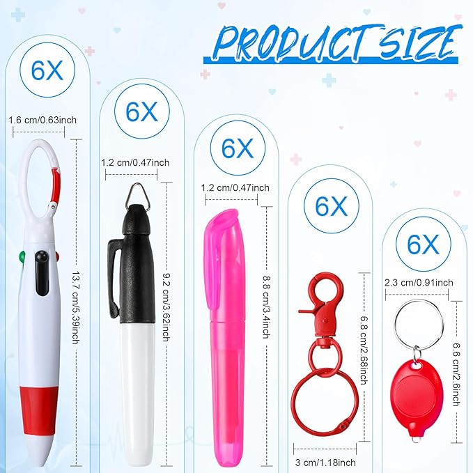 Chinco 30 Pcs Retractable Shuttle Pen Clip with Mini Highlighter Nurse Badge Pen Neon Marker LED Keychain Ring Clip