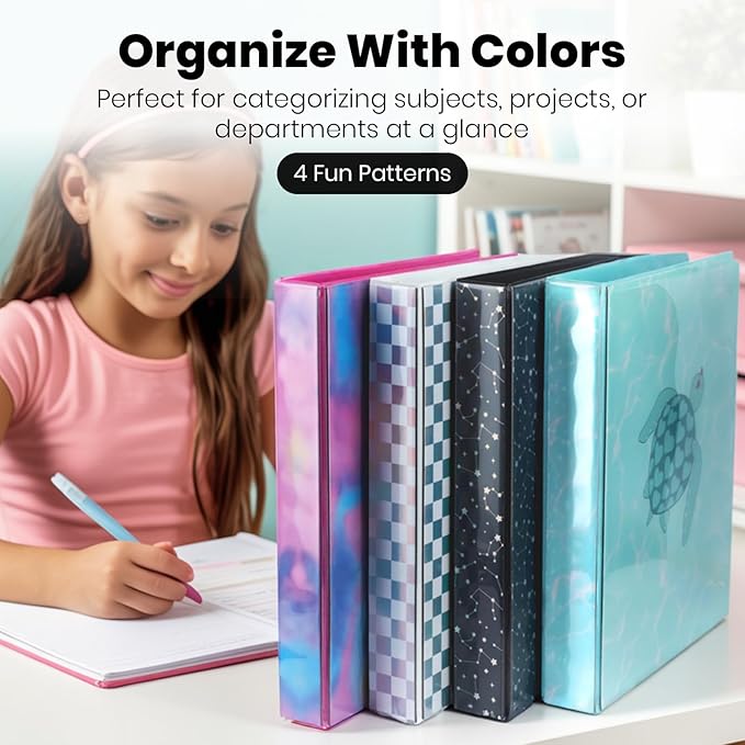 Yoobi 3 Ring Binders - 1 Inch Binder with Round D Rings and 2 Pockets, Durable, PVC-Free Organizer with 220 Sheets Capacity, 4- Pack Colored Binders with Plastic Cover for Office Supplies