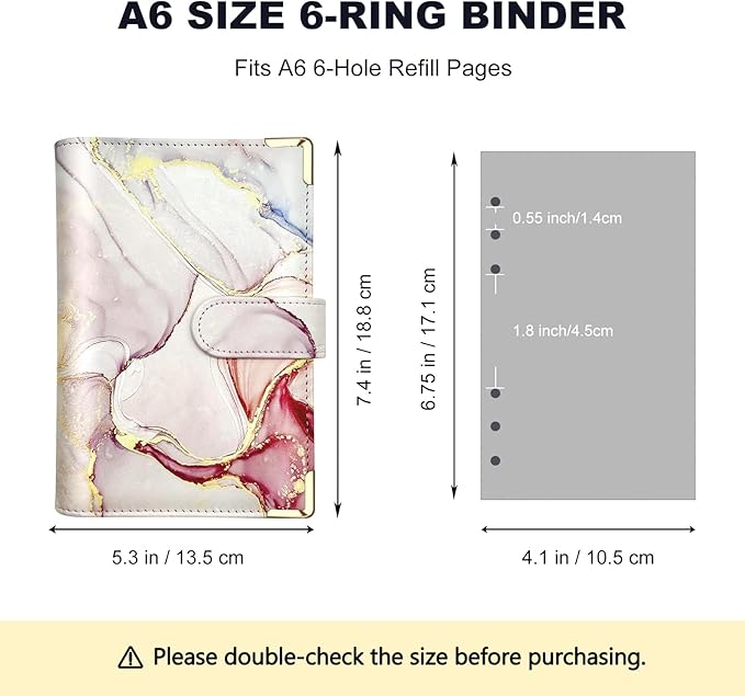 A6 Refillable 6 Ring Faux Leather Budget Binder,Mini Notebook Binder Cover for A6 Filler Paper,Loose Leaf Personal Planner Cover with Magnetic Buckle Closure (Marble Pink)