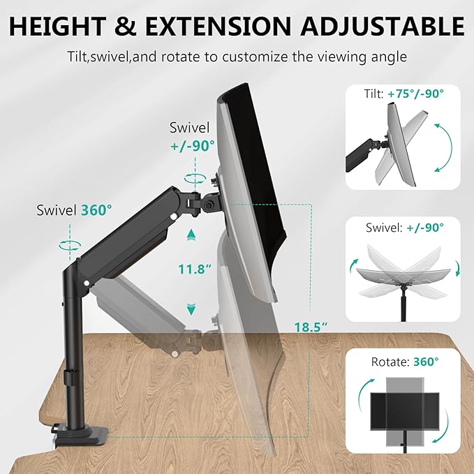 WALI Single Monitor Arm Mount for up to 32 inch Screens, Gas Spring Stand with Full Motion Tilt Swivel Rotation, Holds 19.8 lbs, VESA 75/100, C-Clamp & Grommet Mount (GSDM001S)