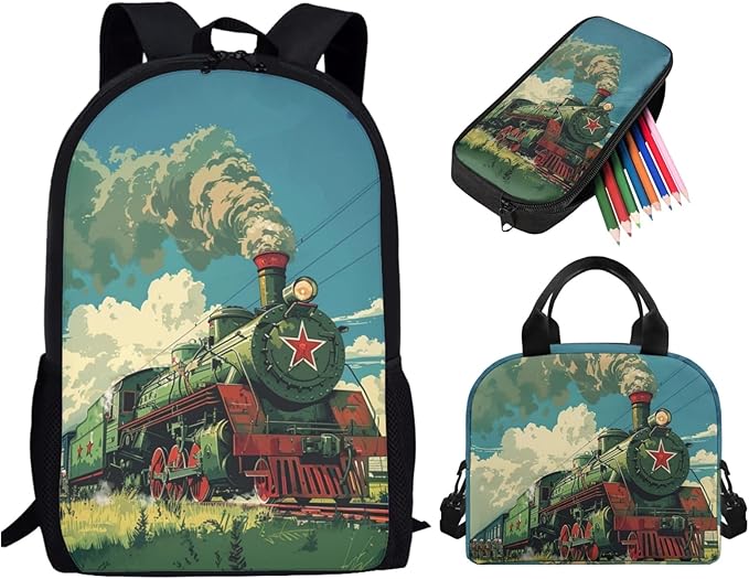 Vintage Train Backpack for Boys, Lightweight Kids Backpack with Lunch Box Cute Kawaii Pencil Case, Large Comfortable Boys Bookbag School Backpack for Elementary Middle School, Green