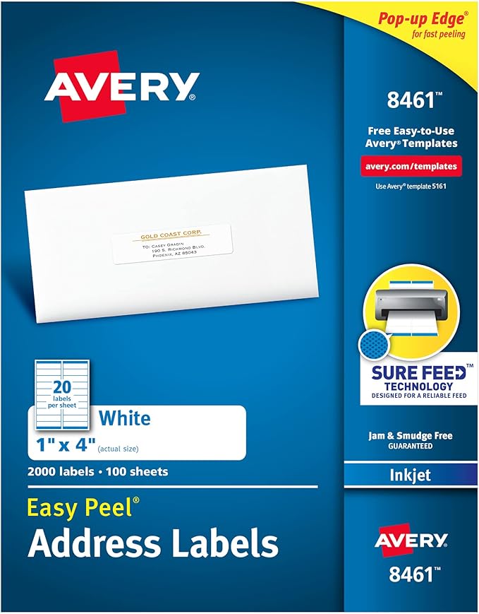 Avery Mailing Address Labels, Inkjet Printers, 2,000 Labels, 1 x 4, Permanent Adhesive, 5 Packs (8461)