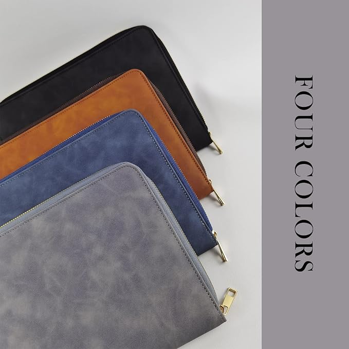 A5 Binder Case PU Leather Portfolio Budget Binder Refillable Notebook Planner Cover with Zipper 6 Rings Money Document Organizer for Business Interview (Brown)