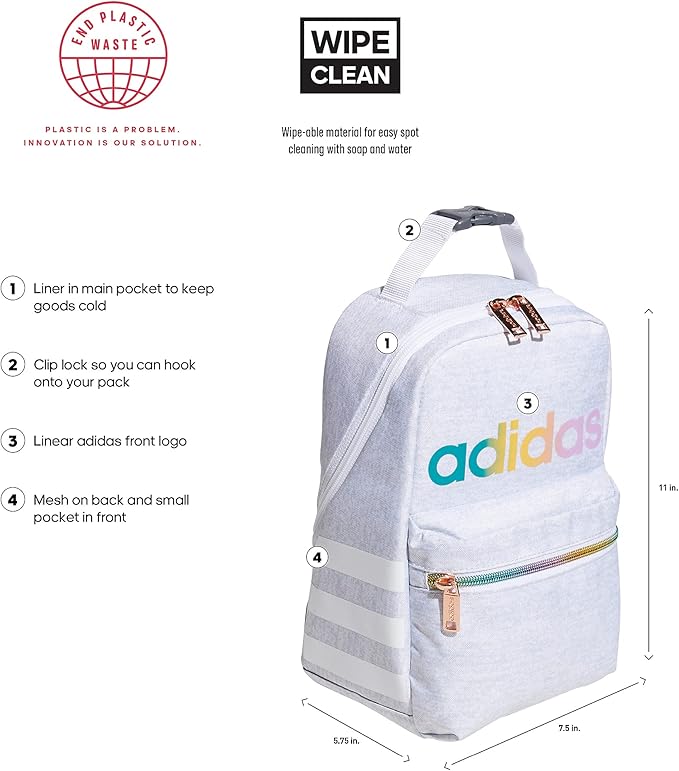 adidas Unisex Santiago Lunch Bag, Insulated School Food Container Box Discontinued, Jersey White/White Rainbow/2.0, One Size