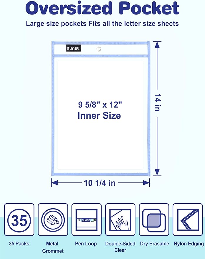 SUNEE 35 Packs Oversized Reusable Dry Erase Pocket Sleeves with 2 Rings, 10 Morandi Colors 10x14 Ticket Holders, Clear Plastic Sheet Protectors, Teacher School Classroom Supplies