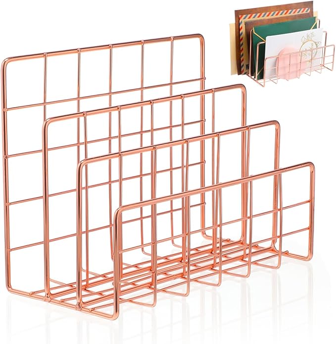 File Holder for Desk: No Wobbling 3 Slots Magazine Holder Office Desktop File Sorter Organizer for Folders Binders, Rose Gold