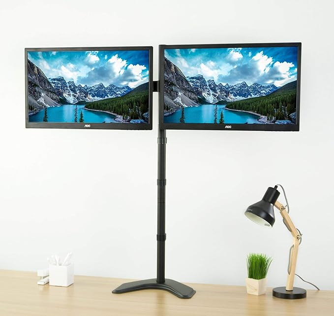 VIVO Dual 13 to 27 inch LED LCD Monitor Free-Standing Desk Stand, Holds 2 Screens, Heavy-Duty Fully Adjustable Arms with Max VESA 100x100mm, Extra Tall 40 inch Pole, Black, STAND-V012F