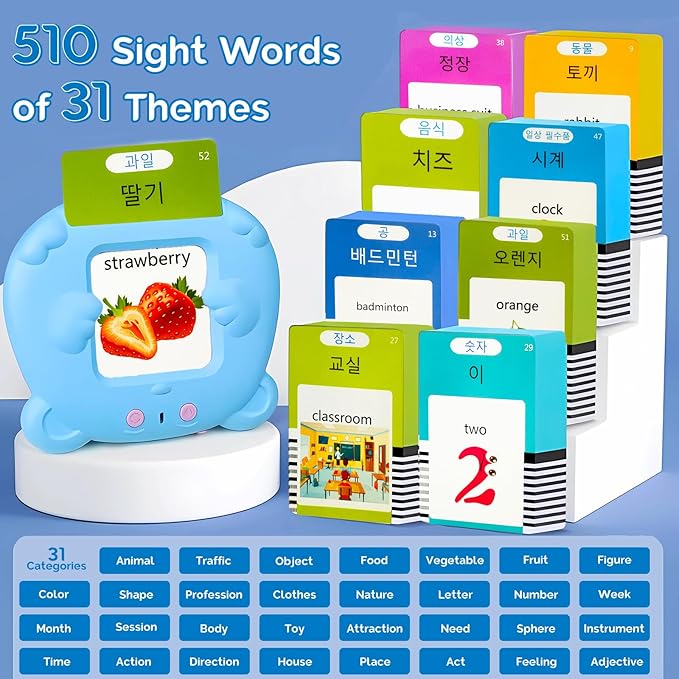English Flash Cards Bilingual - Korean Talking Flash Cards for Kids, Pocket Speech for Toddlers 3-12, 510 Sight Words of 31 Varieties, Sensory Toys Children with Autism (Korean, Blue)