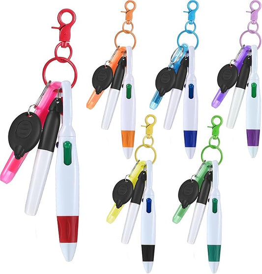 Chinco 30 Pcs Retractable Shuttle Pen Clip with Mini Highlighter Nurse Badge Pen Neon Marker LED Keychain Ring Clip