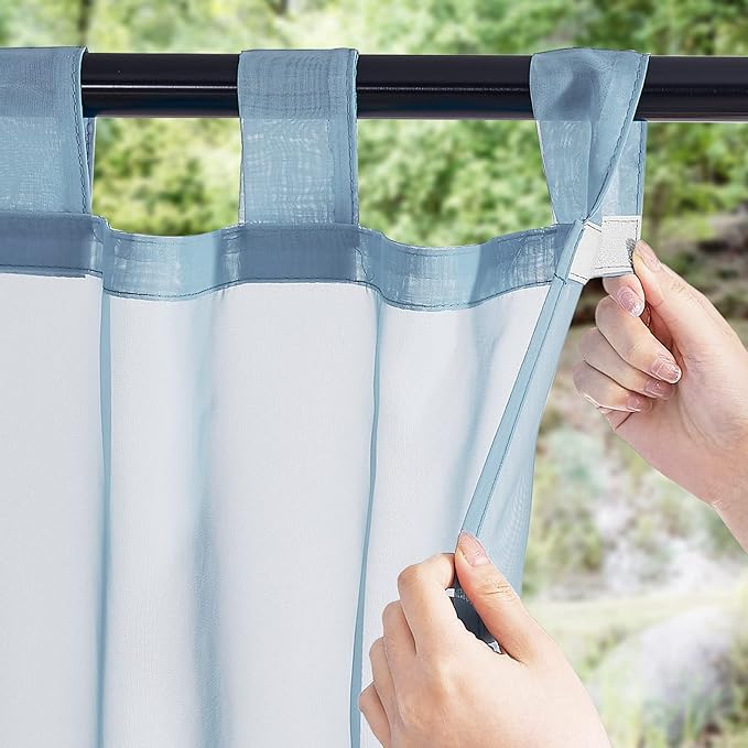 NICETOWN 2 Panels Outdoor Sheer Curtains for Patio Waterproof, Detachable Sticky Tab Top Elegant & Airy Sheer Lightweight Drapes for Pergola/Pool, Stone Blue, W54 x L108