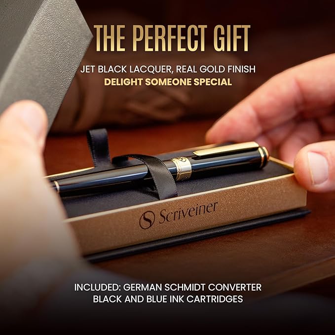 Scriveiner Luxury Fountain Pen - Stunning Black Lacquer Pen, Real Gold Finish, Schmidt Gilded Nib (Broad), Converter, Best Pen Gift Set for Men & Women, Professional, Executive, Office, Nice Pens