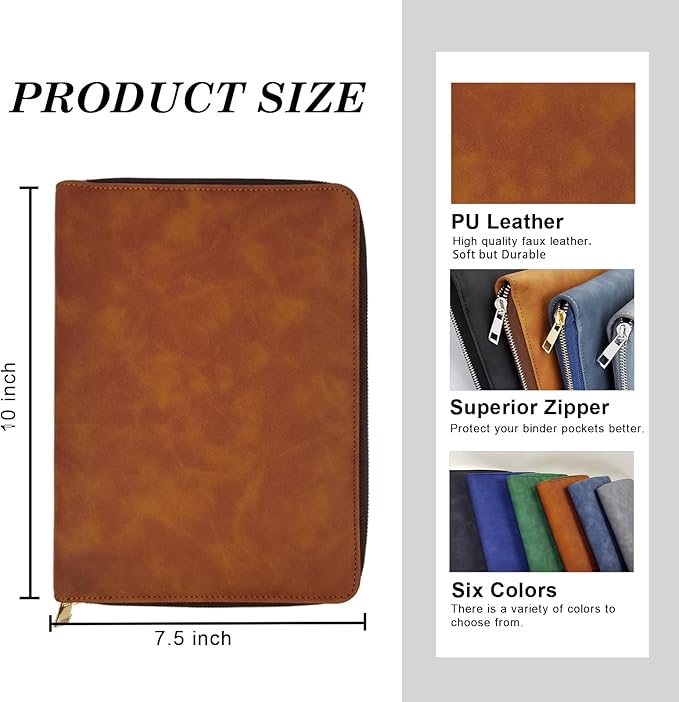 A5 Binder Case PU Leather Portfolio Budget Binder Refillable Notebook Planner Cover with Zipper 6 Rings Money Document Organizer for Business Interview (Brown)