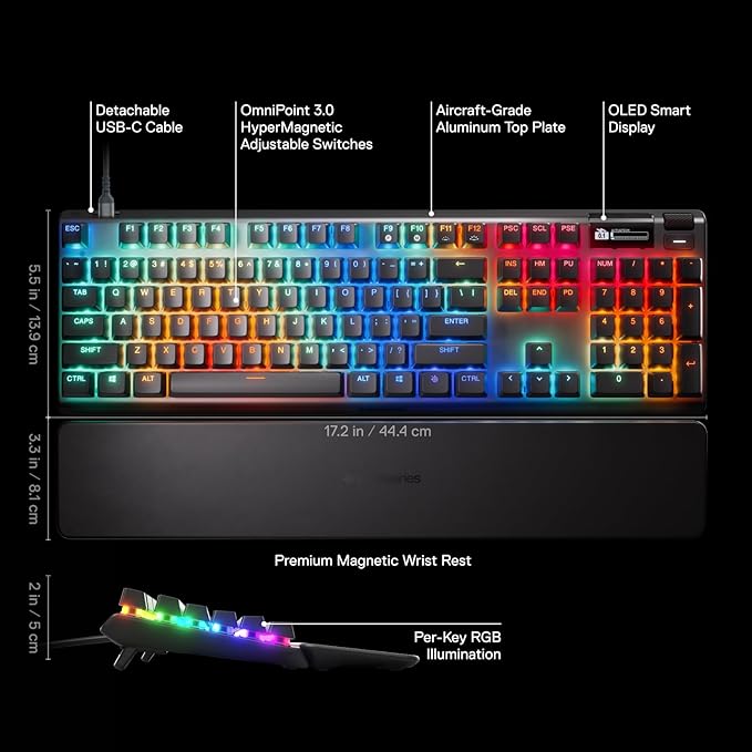 SteelSeries Apex Pro Gen 3 OmniPoint 3.0 HyperMagnetic Switches Adjustable Actuation Rapid Trigger Game-Ready Presets Protection Mode Rapid Tap/SOCD OLED RGB PBT Keycaps USB-C (Renewed)